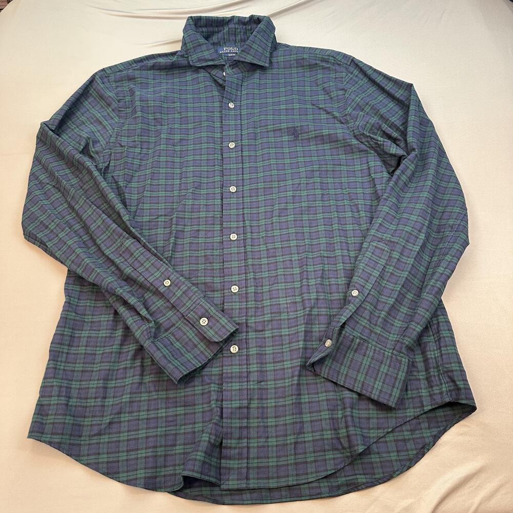 Polo Ralph‎ Lauren Shirt Mens Large Green Blue Plaid Slim Fit Tartan Pony Logo